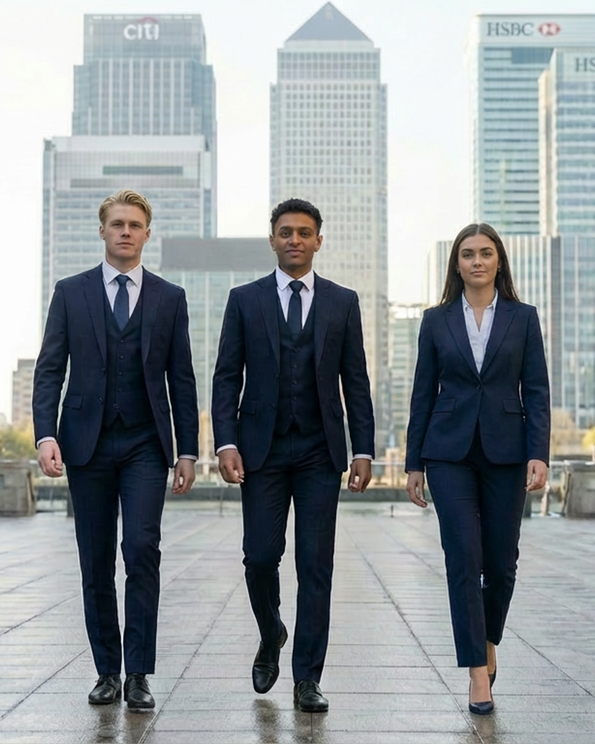 Three confident young men in business suits walking in a modern financial district with skyscrapers in the background.