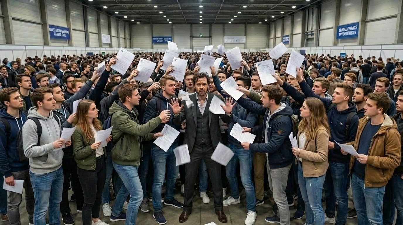 Large crowd of students at a career fair